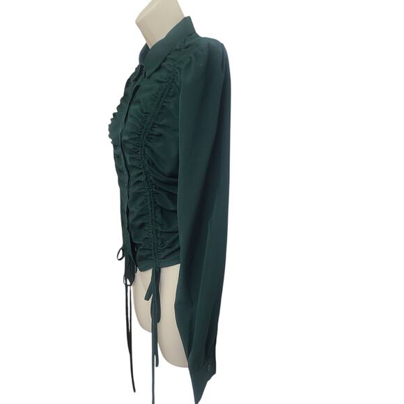 Women’s Green Ruched Button-Up Blouse XL Boho Long Sleeve Crop By Milk & Honey - Picture 3 of 9